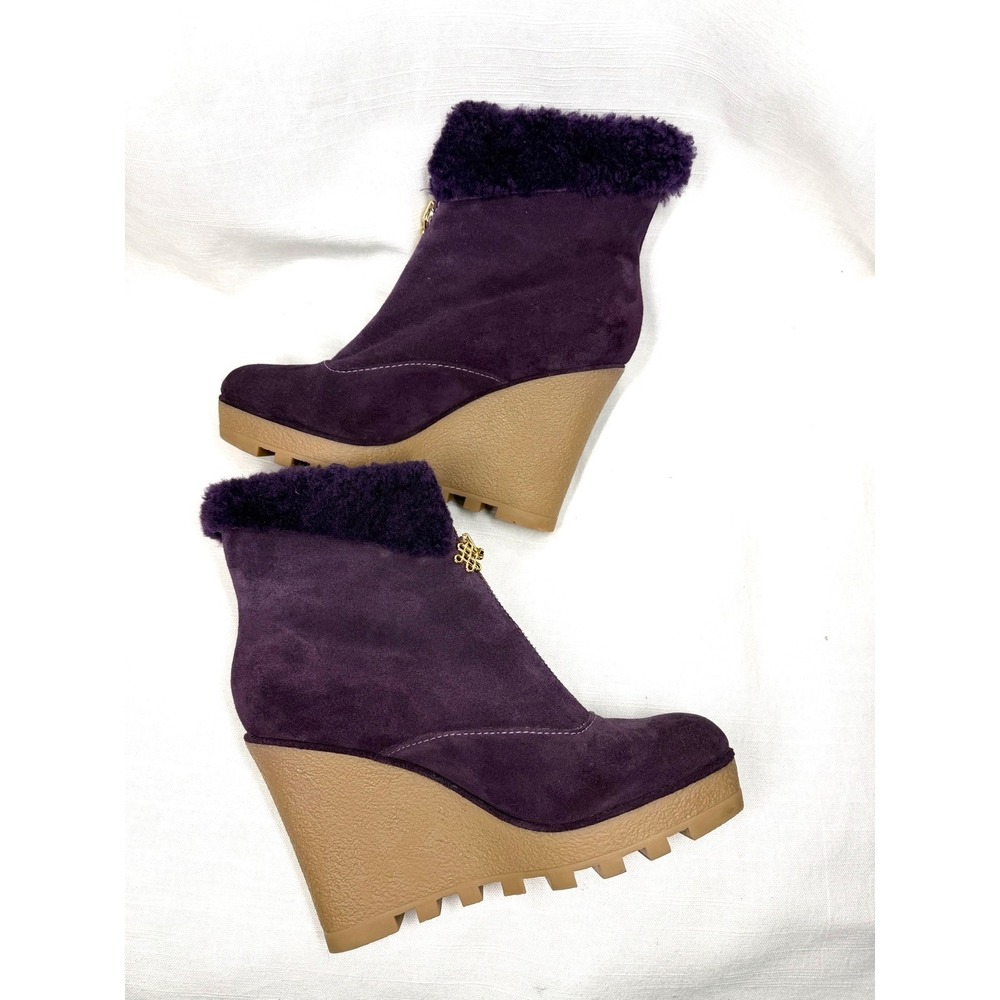 DVF Diane von Furstenberg Java Purple Suede Fur Wedge Platform Booties 7